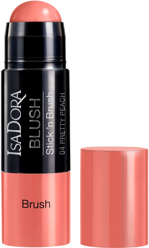 En korallfarget leppepomade i svart og rosa deksel, merket Isadora Blush. Kapselen er fjernet.