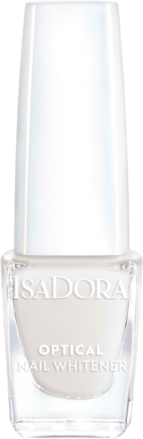 En genomskinlig nagellackflaska märkt 'ISADORA OPTICAL NAIL WHITENER' med en lång, vit tub.