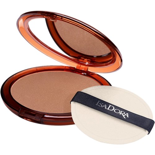 En kompakt makeup-ask med bronzer och en rengöringssvamp med ett varumärkesband inuti.