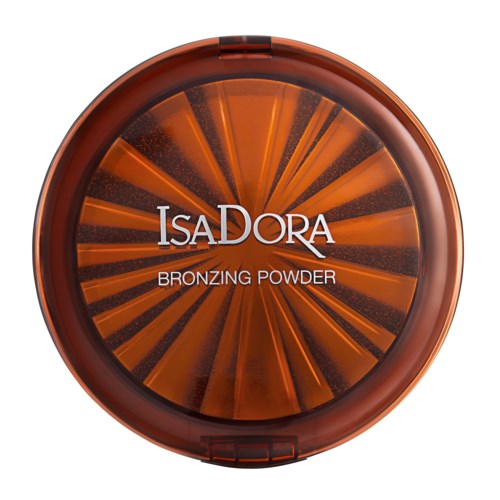 Ett runt behållare med IsaDora-bronzpuder med en orangetonad lock och ett solstrålemönster inuti.