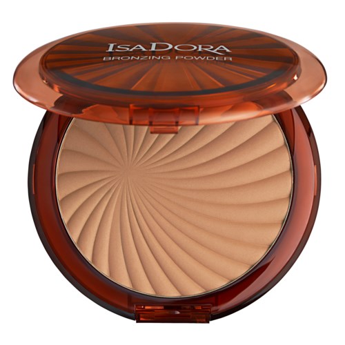 En rund kompakt med ett bronsfärgat puder inuti, med ett spiralformat mönster och ett genomskinligt lock.