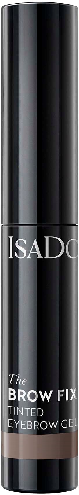Een zwart-zilveren tube met de woorden 'IsaD' en 'The Brow Fix Tinted Eyebrow Gel'.