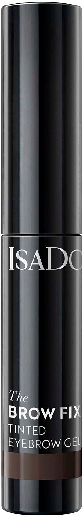 A tall black tube with silver accents and text, advertising eyebrow gel from Isadore. It is shiny and sleek.