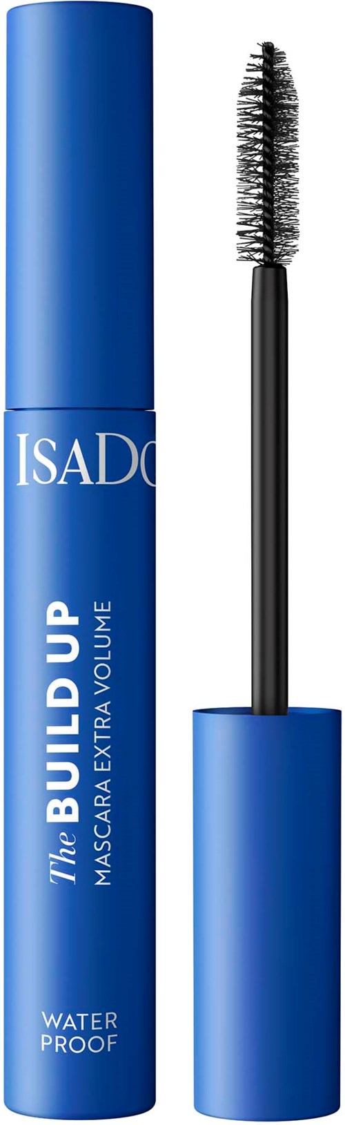 Blå maskara-tube med børste, merket 'ISADORA Build Up Waterproof' for volum. Lokk og børste synlige.