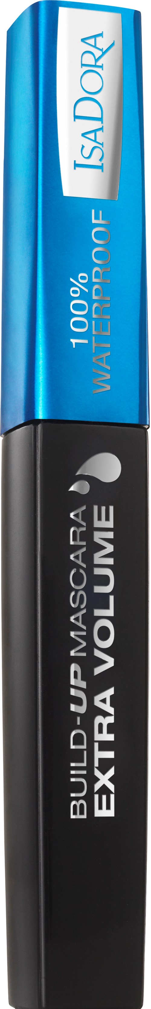 En mascara rör med blått lock och svart kropp, märkt "BUILD UP MASCARA EXTRA VOLUME" och "ISADORA".