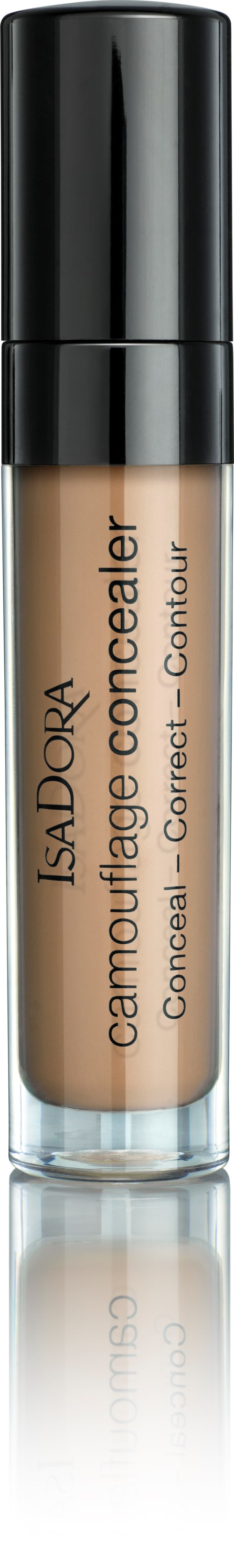 En beige concealer i en genomskinlig burk med svart lock. Produkten heter 'Isadora Camouflage Concealer'.
