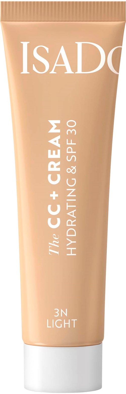 En beige tub med ISADQ hudvårdsprodukt med vit text, visar att det är en återfuktande kräm med SPF 30 och ljus nyans.