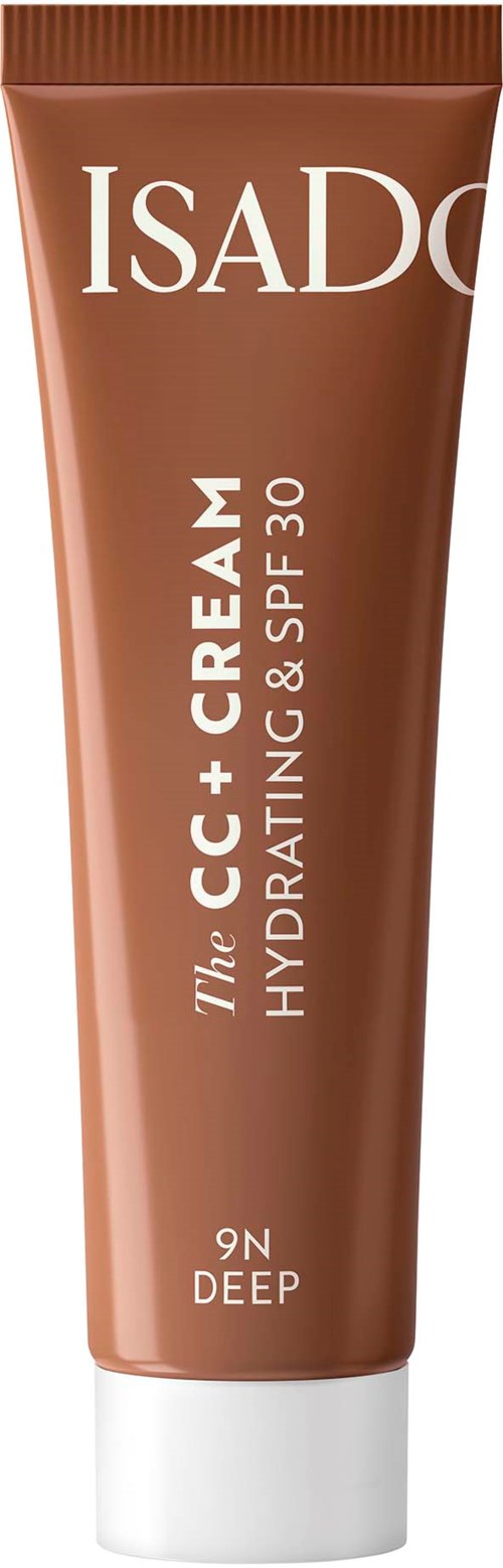 Brązowa tubka ISADORE CC+ Cream Hydrating SPF 30, oznaczona jako 9N Deep, stoi pionowo.