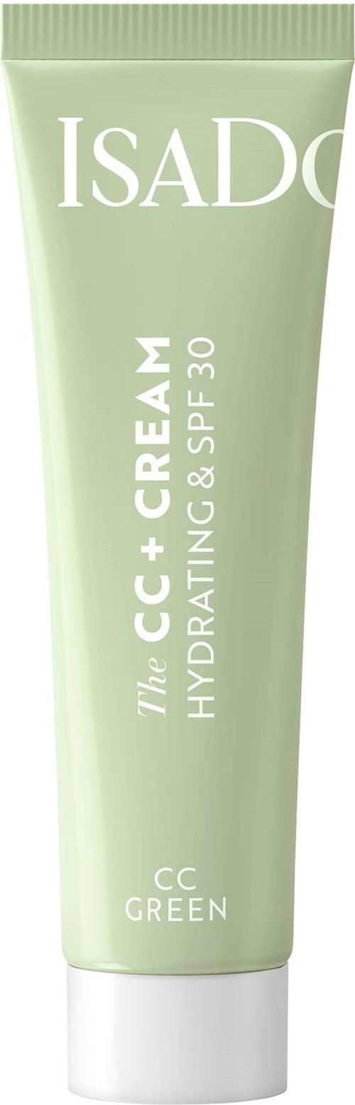 Grønn tube med ISADo fuktighetsgivende krem med SPF 30, merket som CC + Cream og CC Green.