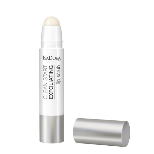 A white lip scrub container, labeled 'IsaDora,' with a rounded top and a silver cap placed nearby.