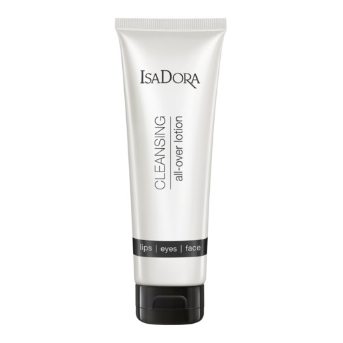 En hvid tube med IsaDora rensende all-over lotion til læber, øjne og ansigt. Den har en sort låg og enkel tekst.