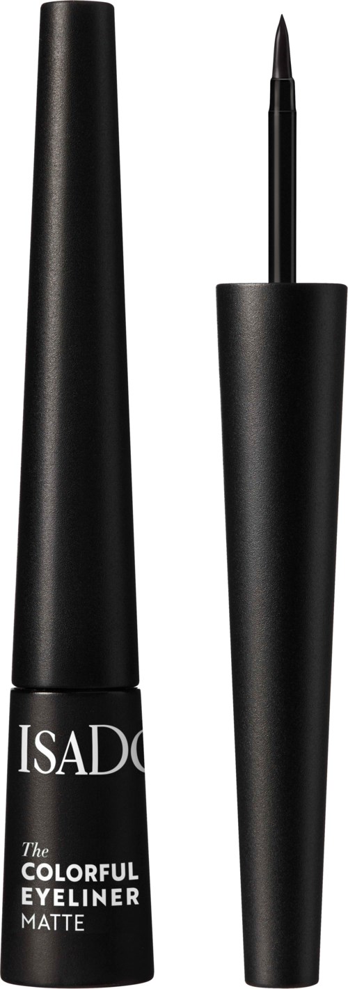 Musta nestemäinen eyeliner-putki, jossa pitkä korkki ja ohut harjaspää. Teksti: ISADORE The Colorful Eyeliner Matte.