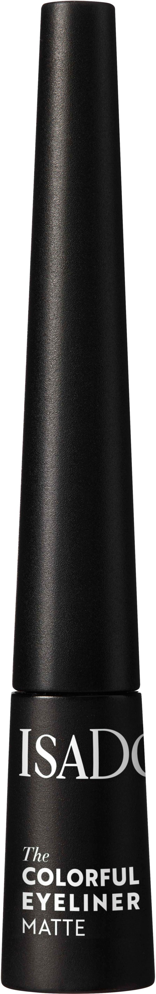 Musta ripsihuulikiiltoputki, jossa on valkoinen teksti "ISAD" ja "COLORFUL EYELINER MATTE".