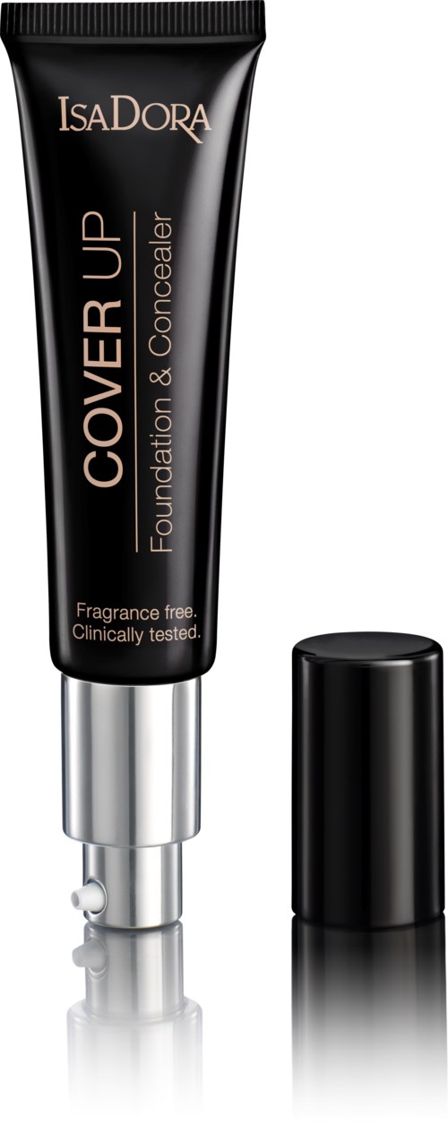 Czarna tubka z napisem 'IsaDora Cover Up Foundation & Concealer' z srebrnym aplikatorem, nakrętka obok, i dane produktu.