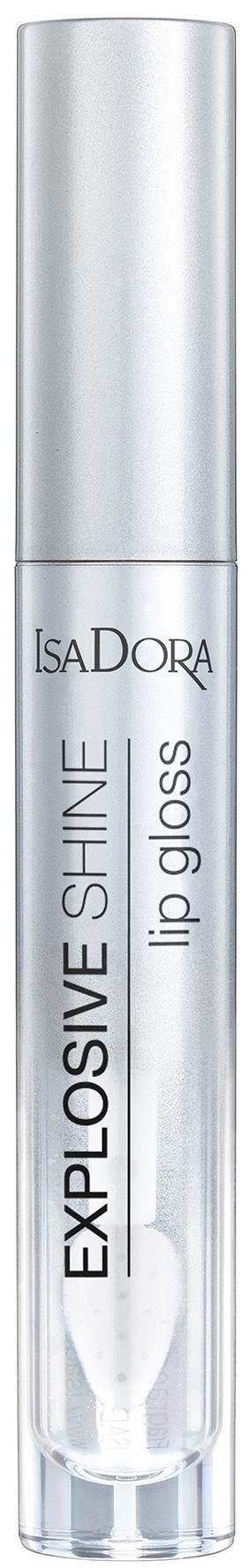 Hopeinen huulikiiltoputeli, jossa lukko, nimeltään 'Explosive Shine', kiiltävälle huulille.