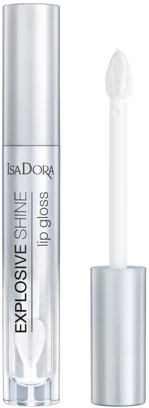Läpinäkyvä huulikiiltoputki hopeisella korkilla ja harjalla sisällä. Tunnusmerkintä 'Explosive Shine Lip Gloss' IsaDora.