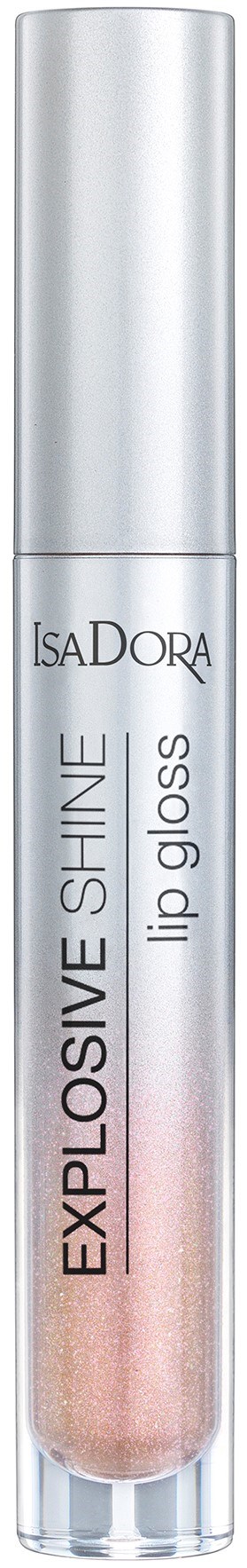 En glänsande, silver rör med tydlig lock, märkt 'IsaDORA Explosive Shine Lip Gloss' i svart text.