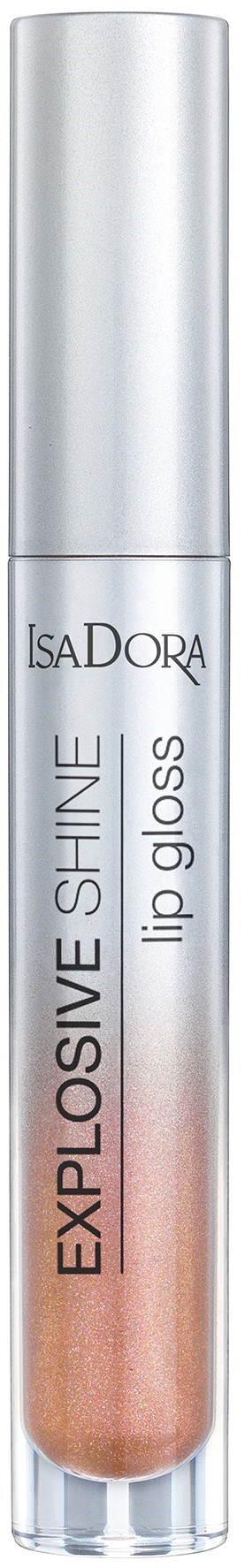 En silverfärgad tube med IsaDora Explosive Shine läppglans, glänsande och metallic design.