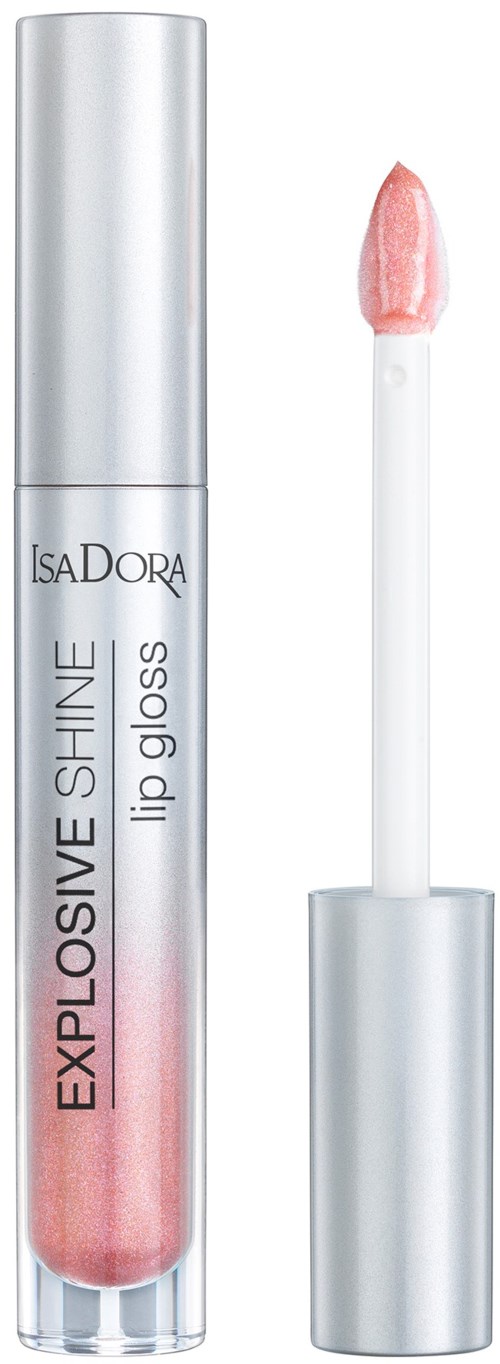Läppglansrör med rosa gloss och silverhatt, märkt Explosive Shine av IsaDora.