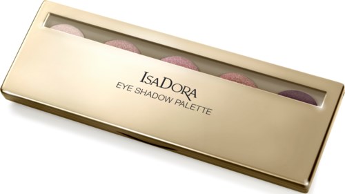 En låda med en genomskinlig lock som visar sex rosa och lila ögonskuggor.