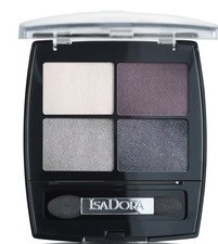 En makeup-palett med fyra ögonskuggor: vit, lila, grå och mörk nyans i ett kompakt fall.