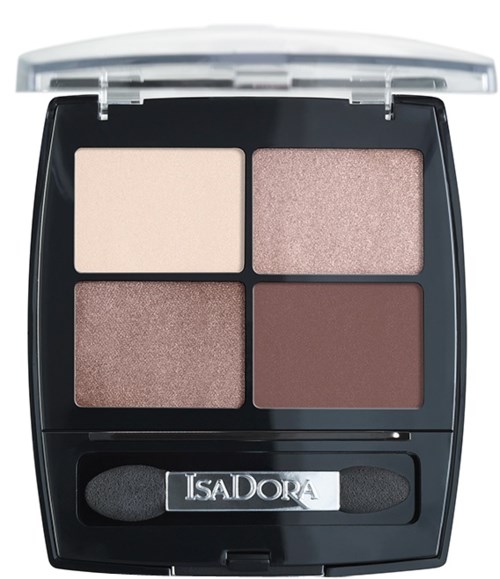 Fyraögons ögonskuggspalett med beige, rosa, brunt och mörkbrunt skuggor och en applicator.
