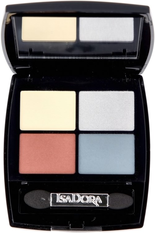 En liten makeup-palett med fyra olika färger: beige, silver, rosa och ljusblå. Den har en spegel inuti locket.