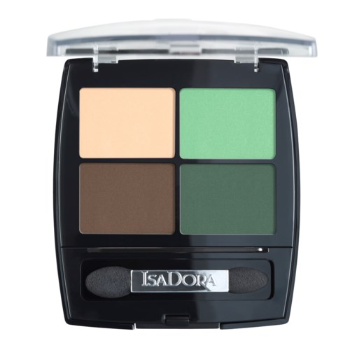 En kompakt makeup-palett med fyra ögonskuggor i pastell-, brunt- och grönt nyanser, plus en liten applikator.