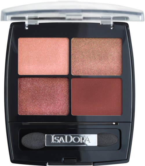 En makeup-palett med fyra olika nyanser av rosa och röda ögonskuggor och en liten applicerare.
