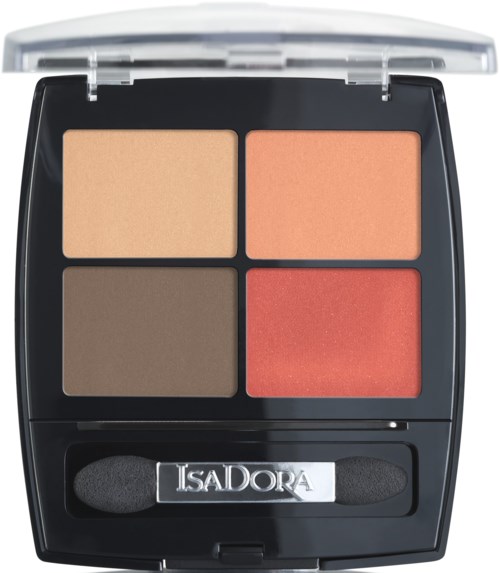 En makeuppalett med fyra olika färgade puder och en liten applikatorborste.