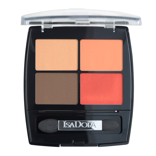 En kompakt makeup-palett med fyra olika blush- eller ögonskuggnyanser och en liten svampapplikator.