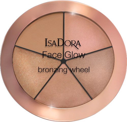 En rund bronzing-ansiktsglanspalett med fem nyanser, märkt 'Isadora Face Glow bronzing wheel.'