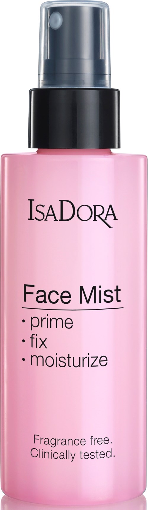 En rosa ansiktsmistsflaska med en svart lock, märkt 'IsaDora Face Mist' för priming, fixering och återfuktning.
