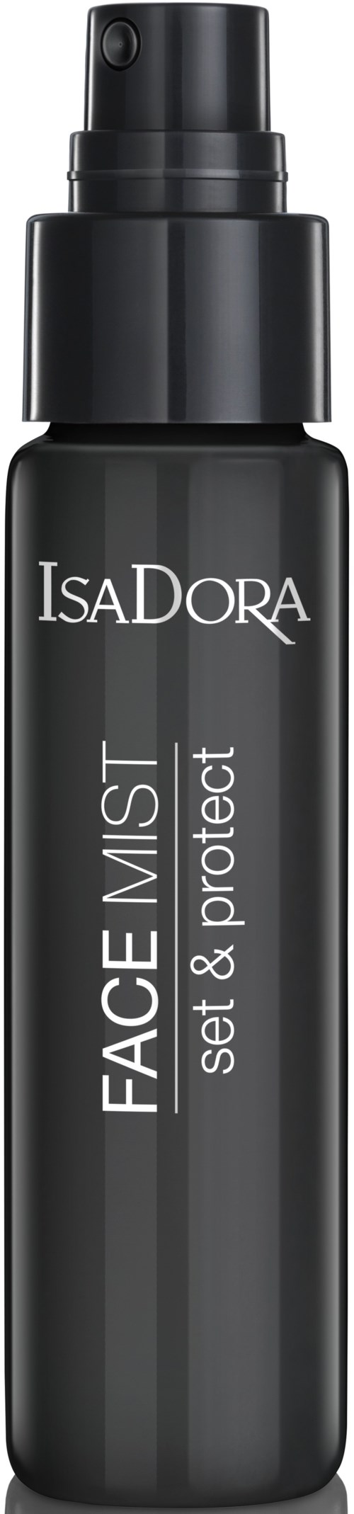 En svart sprayflaska märkt 'IsaDora Face Mist Set & Protect' med sprayhuvud.