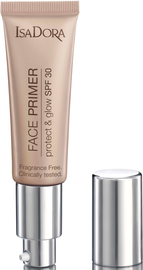Ett beige rör av IsaDora Face Primer med SPF 30, bredvid en glänsande silverlock.