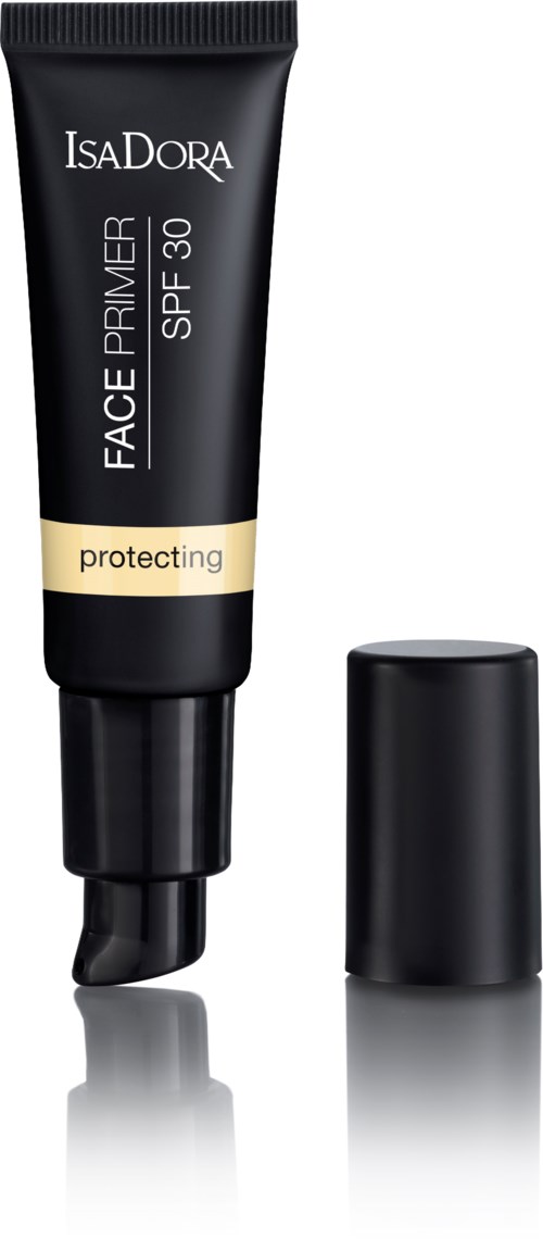 En svart tub märkt 'Isadora Face Primer SPF 30 Protecting' med lock bredvid.