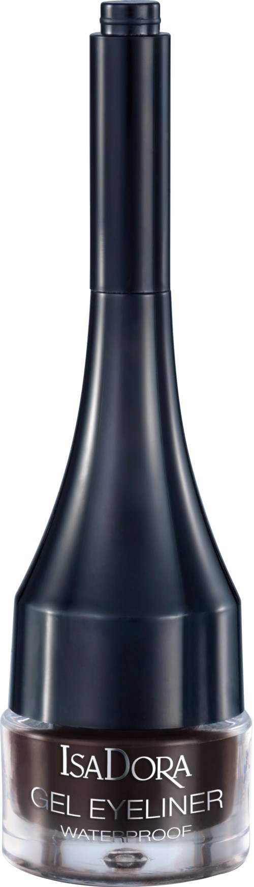 En svart penneformad flaska med IsaDora gel eyeliner, transparent botten som visar färgen. Den står upp.