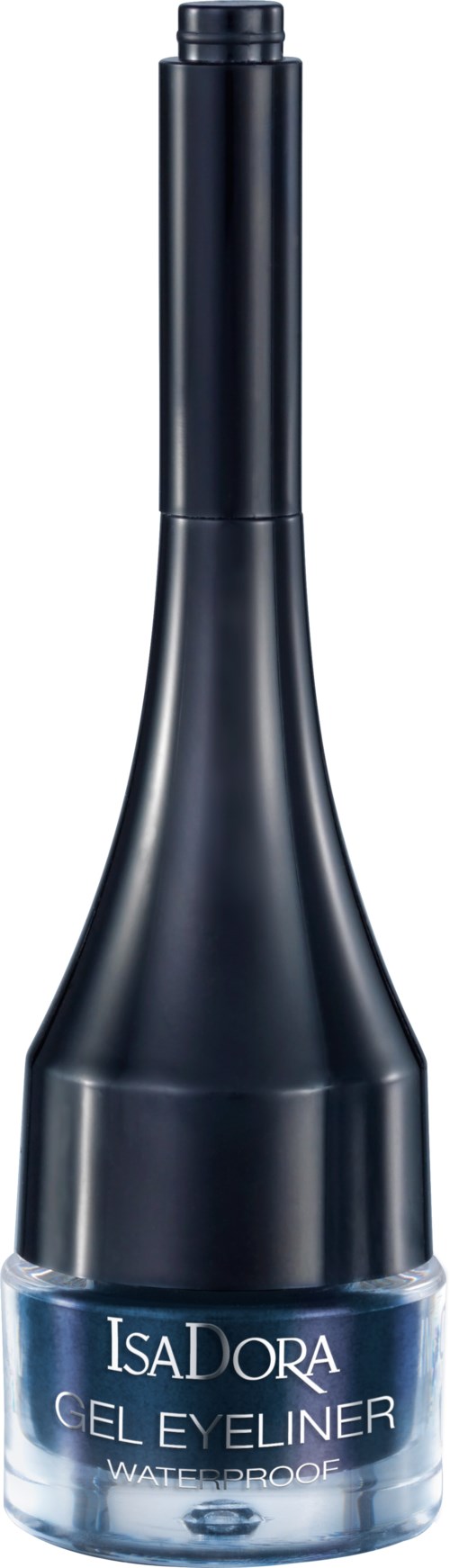 En svart pennaformad behållare med blå nagellackgel inuti, märkt 'IsaDora Gel Eyeliner Water Resistant'.