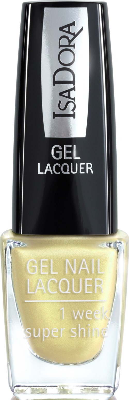 kynsilakkapullo, jossa musta korkki ja läpikuultava lasi, jossa vaaleankeltainen kynsilakka. Teksti sanoo IsaDora Gel Nail Lacquer.