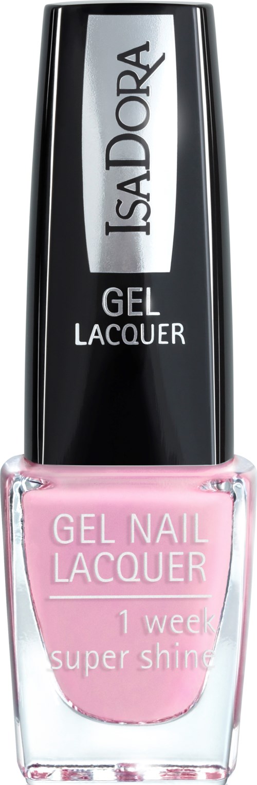 Ruusukultainen geelilakkapullo, jonka korkki on musta ja hopea, ja siinä lukee 'IsaDora' ja 'Gel Nail Lacquer'.