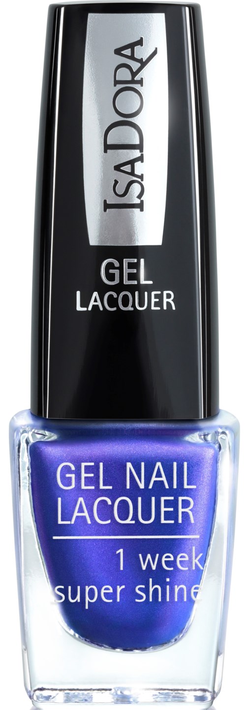 Sininen kynsilakkapullo, jossa on hopeinen korkki ja label: 'Isadora Gel Nail Lacquer' ja '1 week super shine.'