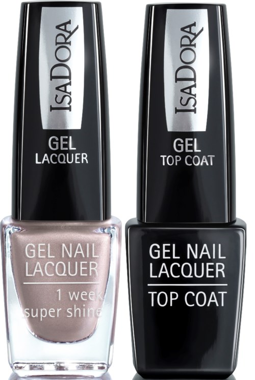 Två nagellackflaskor, en ljus rosa och en svart, märkta 'Gel Nail Lacquer' och 'Gel Top Coat' med varumärket Isadora.