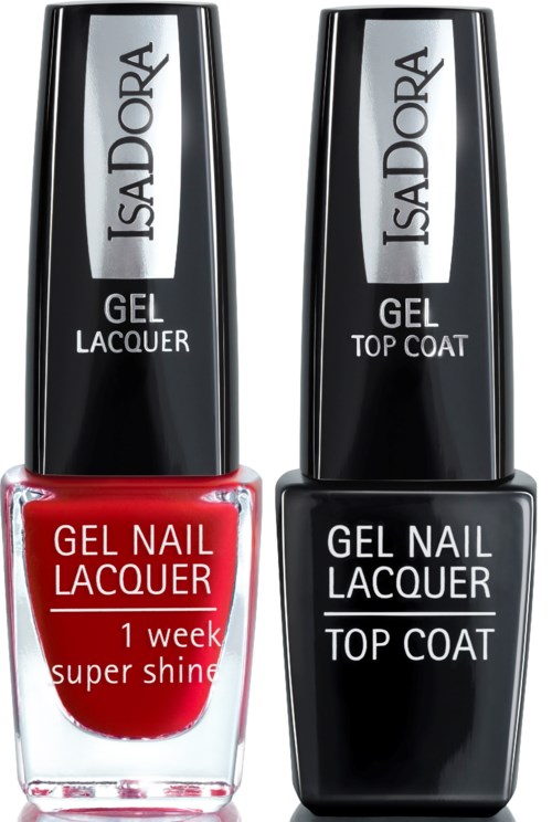 Två flaskor av IsaDora nagellacksgel, en röd och en svart, med etiketter som visar gel och topplack.