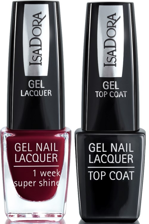 Två nagellackflaskor, en rödd och en svart, med etiketter som visar gelnagellack och topplack.