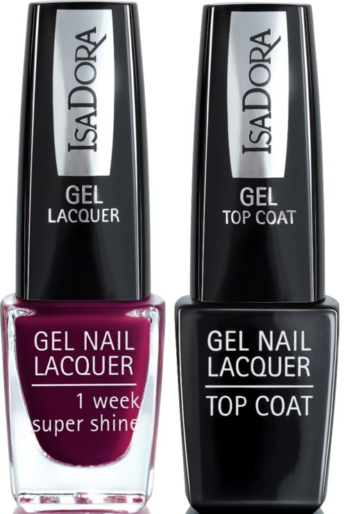 Två nagellack: ett lila med 'super shine' och ett svart för top coat, från IsaDora.