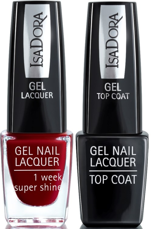 Två nagellackflaskor, en röd märkt 'Gel Nail Lacquer 1 Week Super Shine', en svart märkt 'Gel Nail Lacquer Top Coat'.