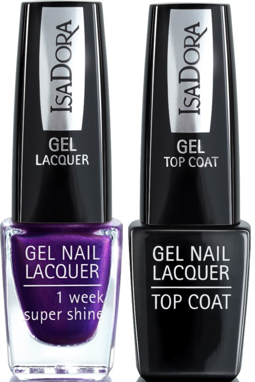 Två nagellackflaskor, en lila och en svart, med etiketter som visar märket Isadora.