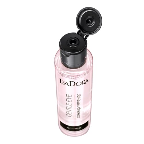 En rosa flaska med svart flip-top lock märkt 'IsaDora GENTLE EYE makeup remover oil-free' för ögonmakeupborttagning.