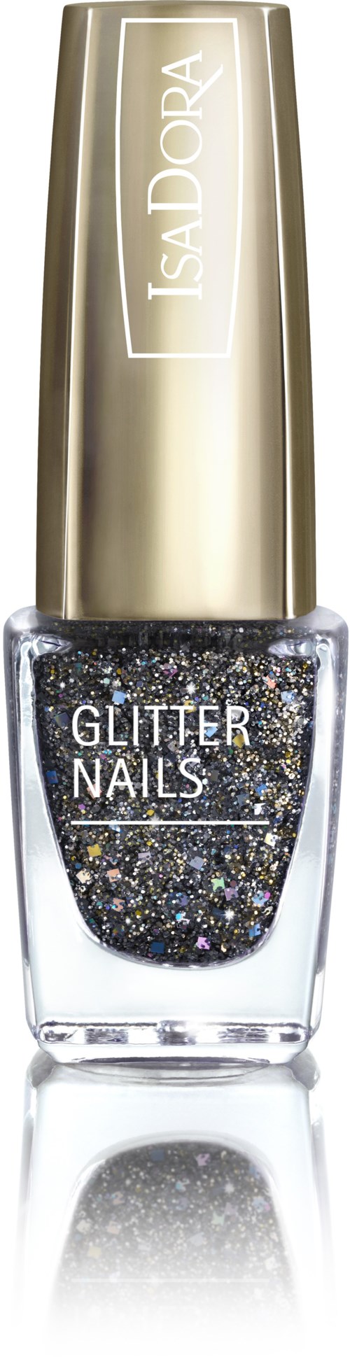 En nagellacksflaska med glitter inuti och ett guldigt lock, märkt "ISADORA GLITTER NAILS."