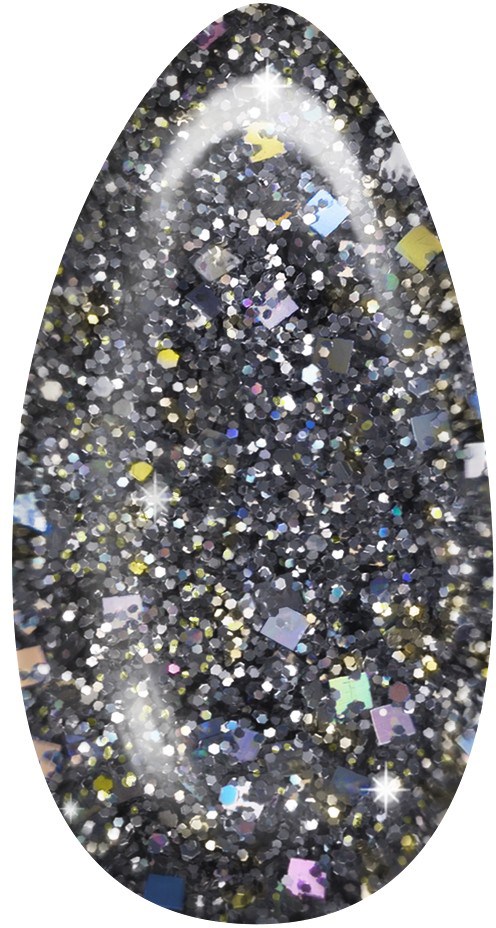 En glitterig, oval formad sak med silver, svart och mångfärgade glimtar samt reflekterande bitar.